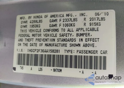 2010 Honda Accord 2.4 Lx z USA, uszkodzony, nr VIN 1HGCP2F36AA158281